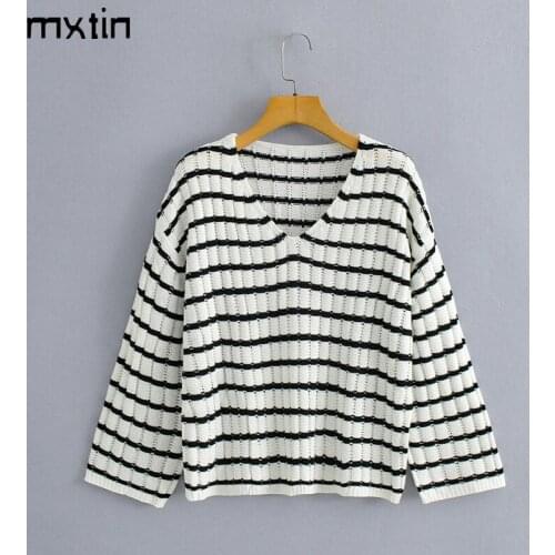 MXTIN 2021 Women Autumn Vintage Striped Pullover Knitted Sweater Fashion V-Neck Long Sleeve Female Casual Chic Tops Vestidos
