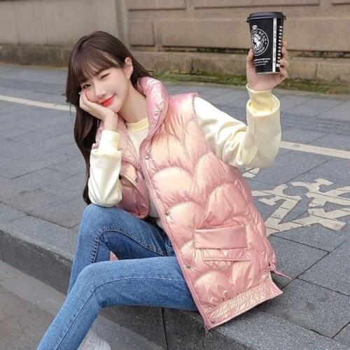 2021 Autumn Winter Korean Loose Womens Vest Down Cotton Bright Fabric Wearing Warm Vest Girl Outdoor Student Pink