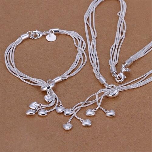 Popular brands 925 Sterling Silver tassels hanging heart Bracelets necklace for Women Jewelry set Party Christmas Gifts wedding
