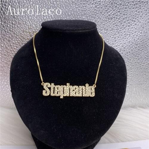 AurolaCo Custom Name Necklace Box Chain Personality Stainless Stee Gold Choker Pendant Letter Zircon Necklace for Women Gift