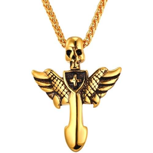 Collare Skull Cross Wings Pendant Men Gold Color Hippie Christian Jewelry Retro Punk Necklace Women P178