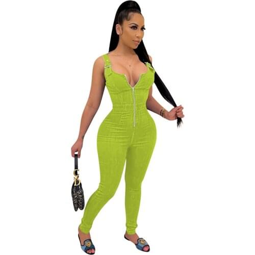 Sexy Jumpsuits Women Zipper Front Denim Bodysuit 21 Summer Long Sleeve Bodycon Jeans Green Elegant Fashion Romper Female LD1828