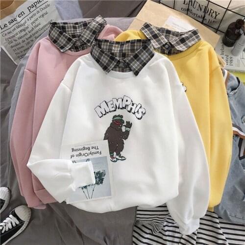 Women Plus Velvet Fake Two Thickened Autumn And Winter Sweatshirts For Female Students Lapel Lazy Korean Style Loose Wild Tide