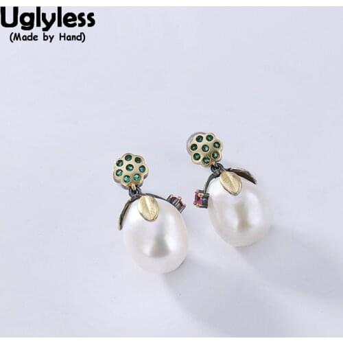 Uglyless Nature Freshwater Baroque Pearls Earrings for Women Elegant Green Crystal Flower Earrings Solid 925 Silver Fine Jewelry