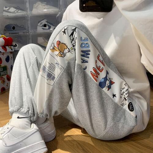 Korobov Vintage Streetwear Cartoon Print Patchwork Women Trousers Korean Female Sweatpants 2021 New Autumn Winter Cargo Pants
