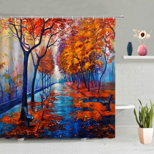 Forest Trees Waterfall Shower Curtain Autumn Natural Scenery Bathroom Decoration Screen Bathing Curtains Washable With Hook Set