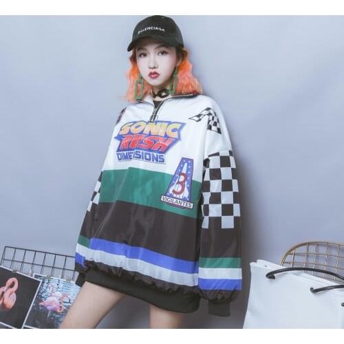 Jasmine Harajuku hip-hop color lattice letter Racer BF oversize cool loose cotton men and women coat
