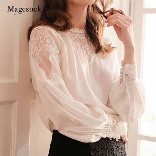 2020 Autumn New Elegant White Silk Blouse Women Sexy Hollow Out Lace Long Sleeve O-neck Lantern Sleeve Blouse Blusas Mujer 10226