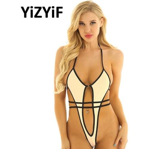 Women One piece Swimsuits Mini Micro Bikini Set Sunbathing Swimwear Lingerie Halter Neck Self-tie High Cut Thong Beach Swimsuit