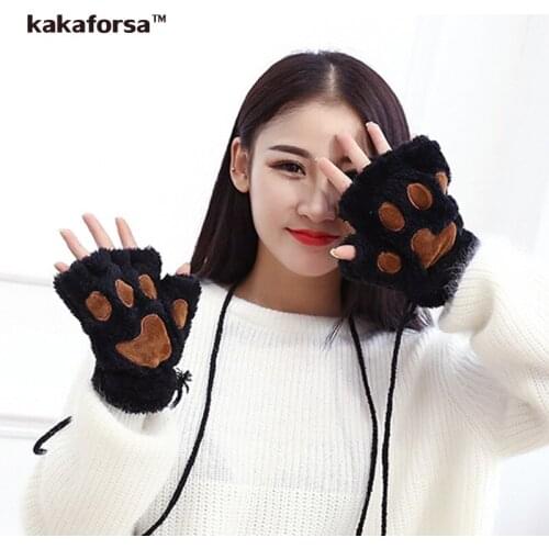 Kakaforsa Winter Fingerless Fleece Gloves Fluffy Bear Plush Paw Claw Half Finger Glove Soft Covered Women Gloves Mittens