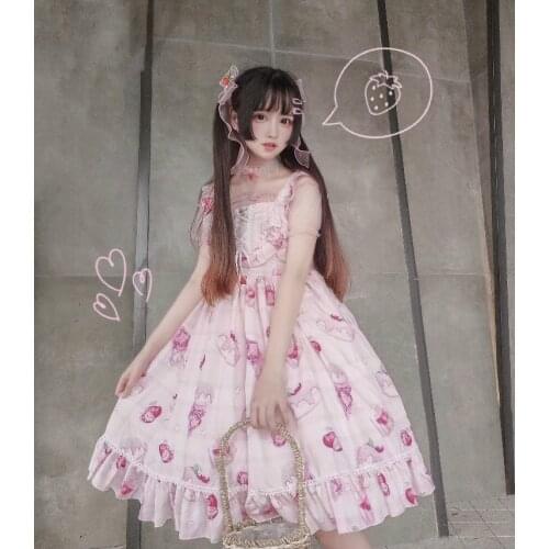 Harajuku Kawaii Jsk Lolita Dress Women Victorian Cherry Dessert Pink And Purple Sleeveless Lace Princess Tea Party Sling Dress