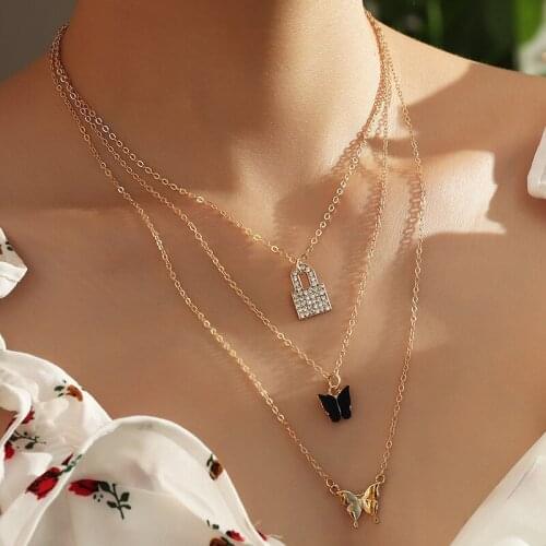 Multilayer Crystal Lock Butterfly Necklaces & Pendants For Women Vintage Charm Chain Gold Choker Necklace 2020 Bohemian Jewelry