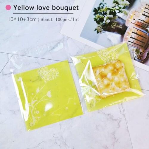 100pcs/lot Yellow Frosted Snowflake Soap Cookie Cellophane Candy Self-adhesive Bag White Flower Love Resealable Candy Pack Bags