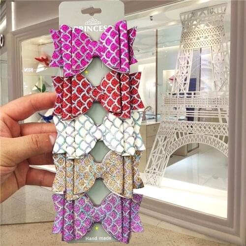 5PCS/Card Lovely Fish Scales Glitter Girls Clip Bows Child Tie Creativity Handmade Hairpins Barrettes Hair Accessories For Kids
