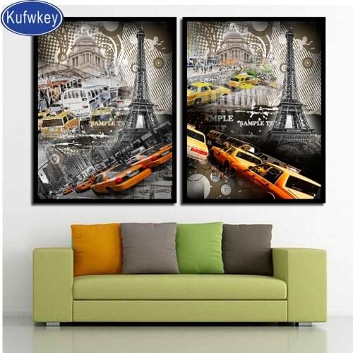 2pcs Diamond Mosaic Paris Tower And Street Diamond Painting Cross Stitch Kits Diamond Embroidery Wall Painting City Scenery