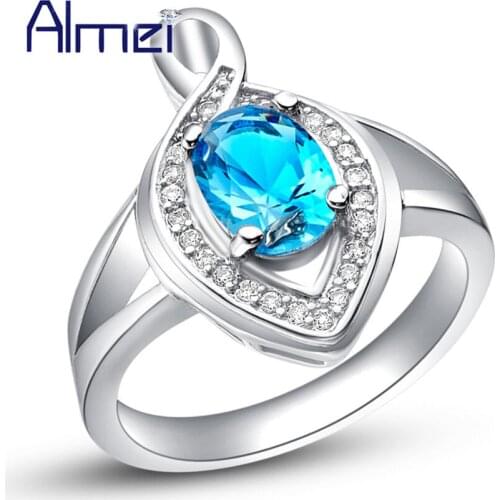 Almei Rings for Women Cute Wedding Ring Silver Color With Big Colorful Pink Red Purple Blue Stone Jewelry Anillos Mujer J438