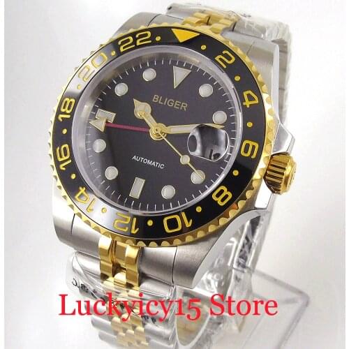 BLIGER New Arrival Gold Coated Automatic Men Watch Date GMT Model Sapphire Glass Rotating Bezel Jubilee Band