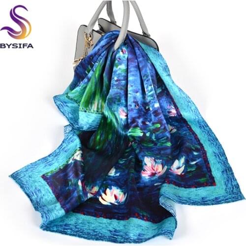 [BYSIFA] Women Silk Scarf Shawl Fall Winter Blue Neck Scarves New Oil Painting Lotus Pond Design 100% Silk Square Scarves88*88cm