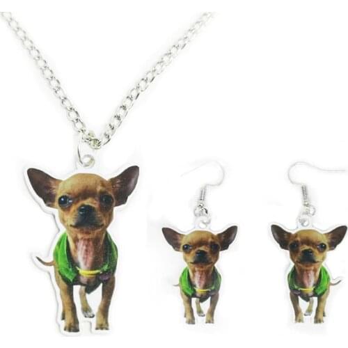 Chihuahua Dog Pendant Earrings Animal Sit Flat NOT 3D Chain 1set/lot Silver Necklace Charms Best Friends Gift for Womens Mens