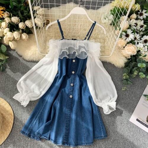 LDKVGSU Denim Dress 2021 Fashion Lantern Sleeve Woman Dresses Clothes Gauze Patchwork Vestidos Ruffles Korean Off Shoulder Robe