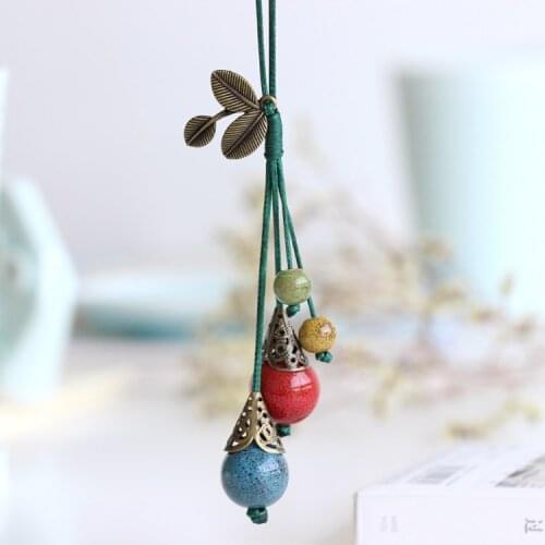 New Arrival Bohemia Style Handmade Ceramic Long Necklace Blue Red Bead and Leaf Pendant Chain for Women Clothing Accessories