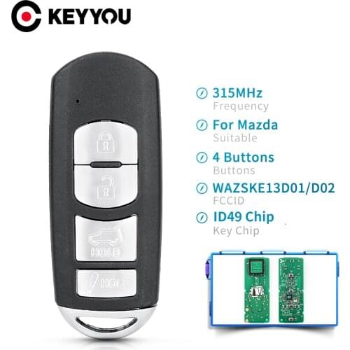 KEYYOU FSK 315MHz ID49 Chip Smart Remote Car Key for Mazda 3 6 MX-5 Miata 2013-2019 4 Buttons FCC: WAZSKE13D01 WAZSKE13D02