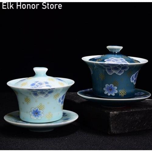 120ml Contracted Handpainted Arabesquitic Sancai Gaiwan Pigmented Traditional Chinese Tea Tureen Kung Fu Tea Bowl Accessories