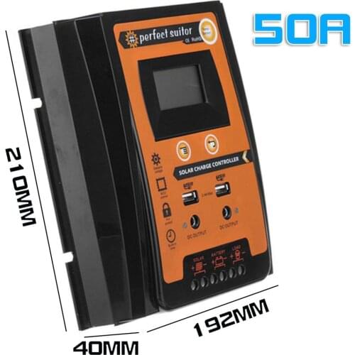 50A MPPT Solar Charge Controller 12V 24V Dual USB Solar Regulator with Big LCD IP32 PV Battery Controller Load Timer