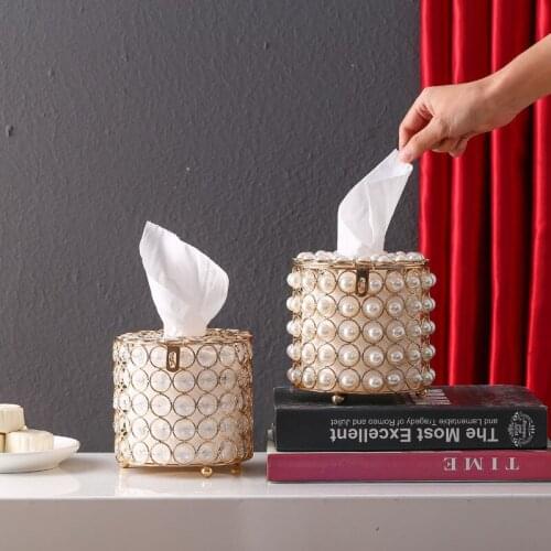 Creative Pearl Crystal Tissue Box Removable Round Paper Towel Storage Rack Decorative Crafts NJ72308