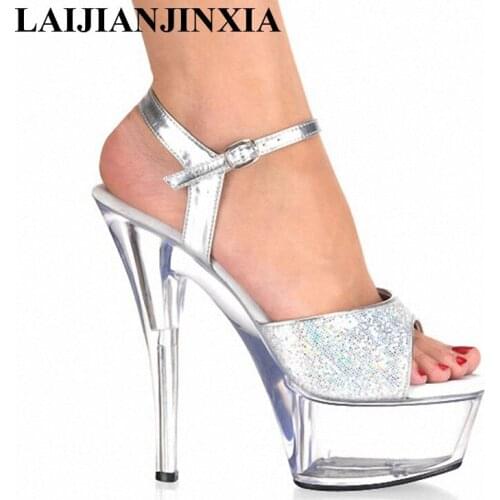 LAIJIANJINXIA Womens Shoes Platform Crystal Shoes Wedding Shoes Shiny Silver Paillette 15CM Ultra High Heels Sandals
