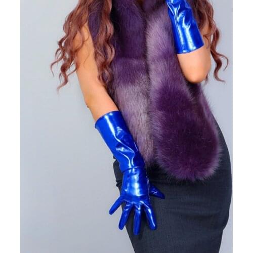 LATEX LONG GLOVES Faux Shine Patent Leather 16" 40cm Royal Cobalt Blue Slim Fit Women Leather Gloves WPU262