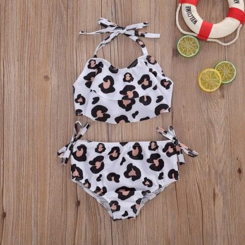 Summer Kids Baby Girls Swimwear Bikini Sets Leopard/Sunflowers Print Sleeveless Belt Vest Tops+Shorts 2pcs Swimsuits For 1-5Y