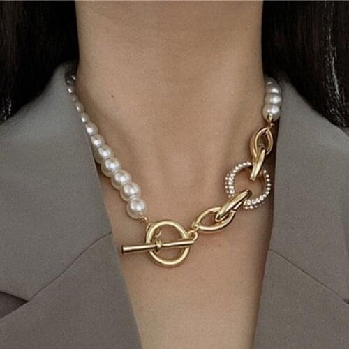 Punk Multi Layered Metal Chains Toggle Clasp Choker Pearl Necklace 2021 for Women Baroque Pearl Coin Necklaces Jewelry