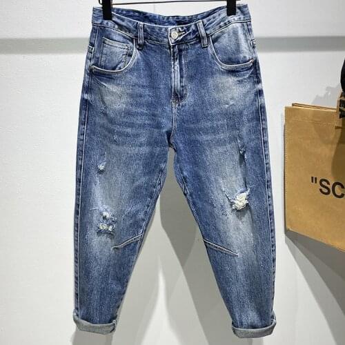 European American Fashion Mens Elastic Skinny Jeans Casual Slim Denim Trousers Solid Ripped Hole Denim Ankle Length Pants