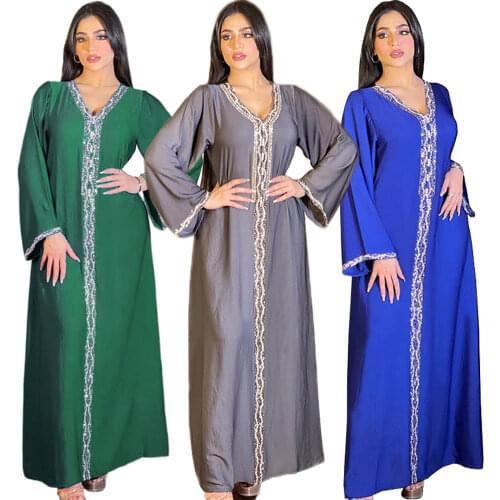 Muslim Women Abaya Long Dress Arab V-neck Islamic Ramadan Party Evening Rhinestone Party Evening Robe Gown Middle East Moroccan