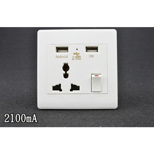 New Wall Socket Dual 2 USB Universal Plug Switch Power Supply Plate 2100mA Charger with LED indicator