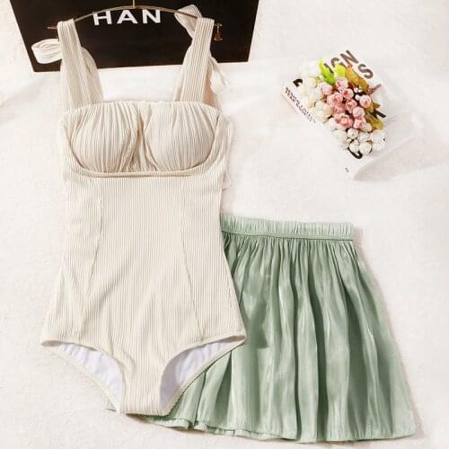 2021 New Women White One Piece Swimwear Monokini with Skirt Sexy Swimming Beach Wear Bathing Suit Padded Female Swimsuit