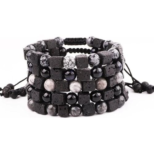 New Design Natural Lava Stone Handmade Beads Macrame Adjustable Bracelet Men