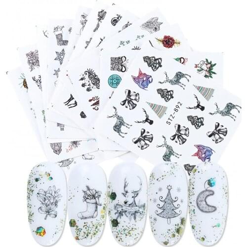 12Pcs Christmas Nail Sticker Santa Claus Elk Snowman Gift Water Transfer Slider Full Wrap Xmas Cartoon Winter Decal