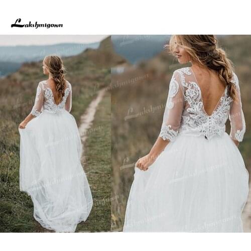 Two Piece Tulle A-Line Boho Wedding Dresses O-Neck Half Sleeve Sexy Open Back Sweep/Brush Train Bride Gowns Appliques Pleat Lace