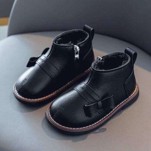 CUZULLAA Children Fashion Leather Boots for Girls Bow Tie Soft Leather Cotton Shoes with fur Winter Baby Soft Bottom Snow Boots