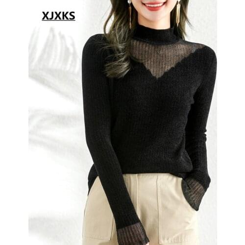 XJXKS High quality wool knitted thin sweater women pullover 2021 autumn new comfortable women turtleneck sweater
