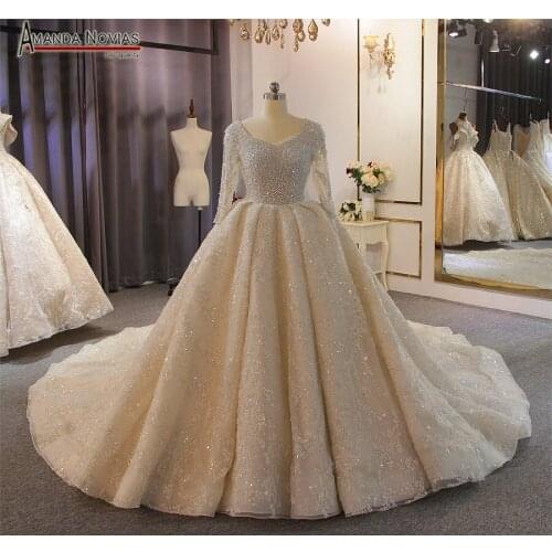 Full pearls wedding dress with long sleeves new design