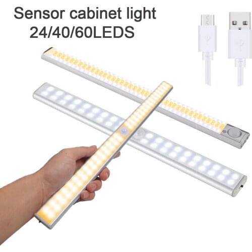 Ultra-Thin 24/40/60LEDS Cabinet Light USB Charge PIR Motion Sensor Kitchen Stairs Wardrobe Wall Lamp Aluminum Alloy Night Lamp