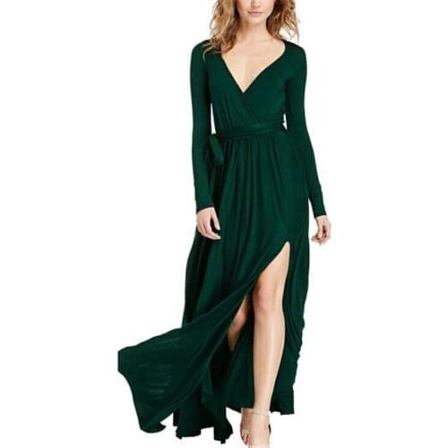Green Dress Women 2021 Spring New Fashion Europe and America Sexy V Neck Slim Long Sleeve Maxi Dresses Vestidos Feminina CX1389