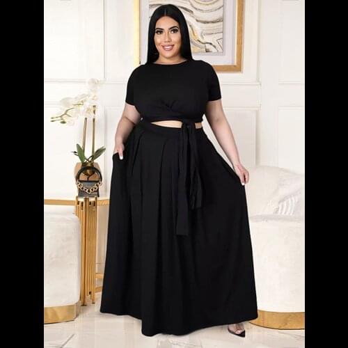 XL-5XL Plus Size Womens Clothing Two Piece Outfits Summer Short Sleeve Bandage Crop Top and High Waist Pleated Maxi Skirt Suit