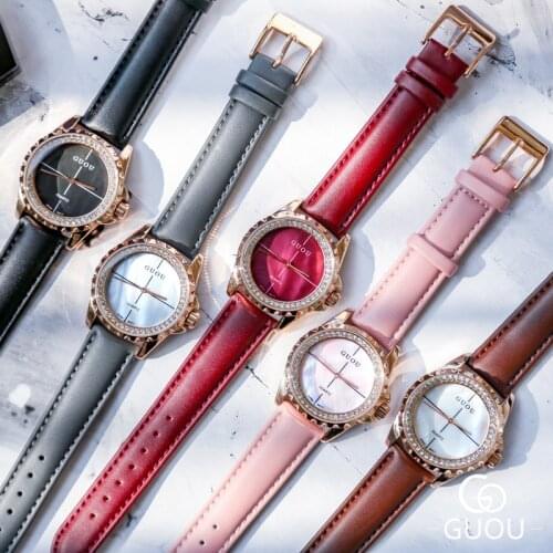 2019 Women watch Fashion lady quartz watch Ziron stone crystal round shell pattern large dial waterproof leather watch G8205