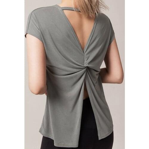 Womens Sexy Backless Short Sleeve Yoga Crop Tank Tops Open Back Knot Running Gym T Shirt Strappy Athletic Tanks Sport Top