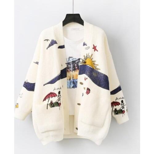Women 2020 Spring Autumn Cardigan Sweater New Female Loose Cute Print Long Sleeve Knitted Coat Casual Sweaters Oversize Y414