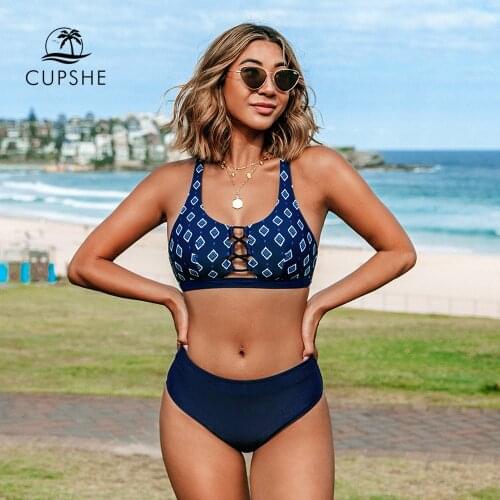 CUPSHE Navy Geometric Mid Waist Bikini Sets Swimsuit For Women Sexy Cutout Tank Two Pieces Swimwear 2021 Beach Bathing Suit